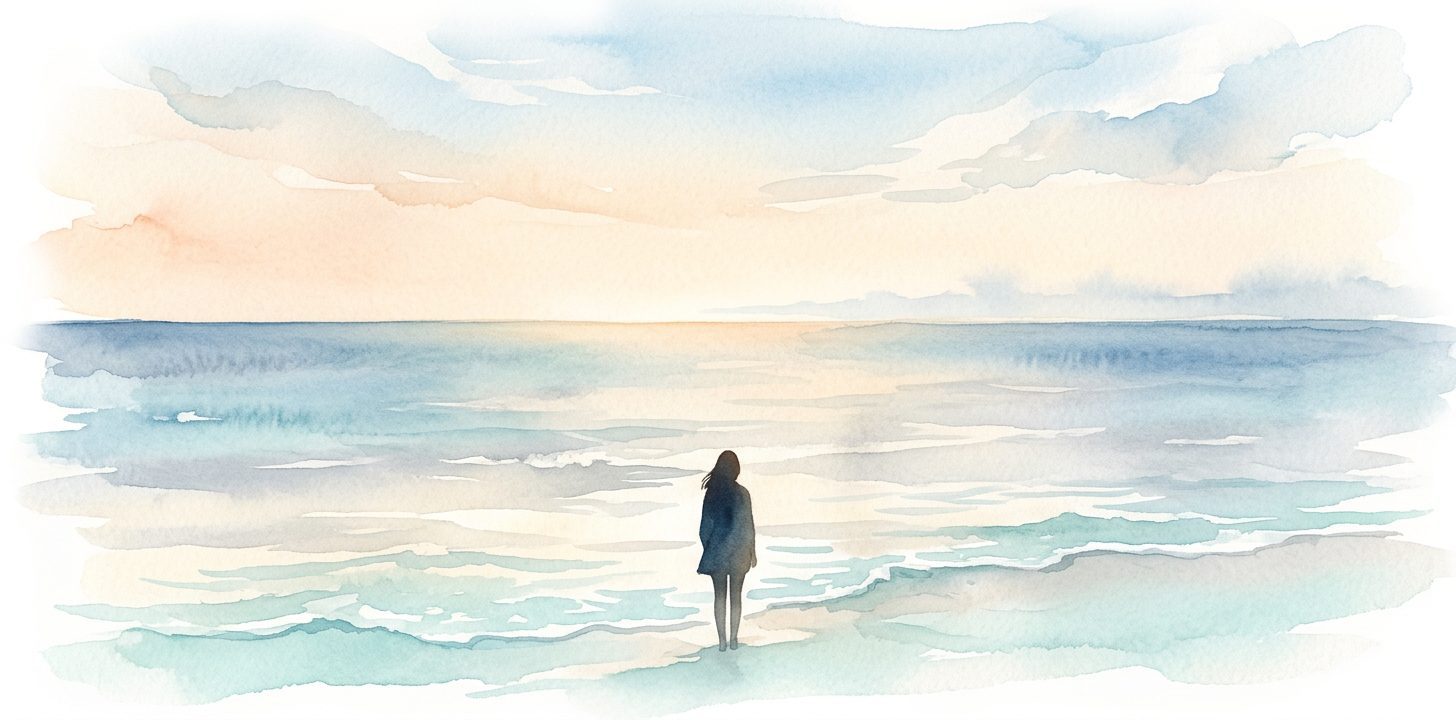 Solitary figure in a dream standing at the edge of a vast ocean gazing at the horizon