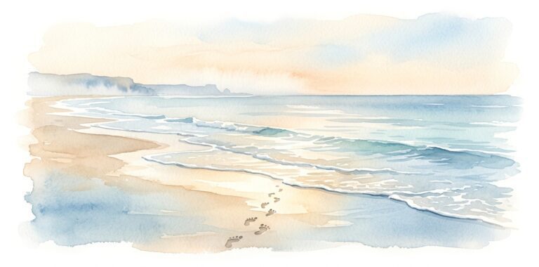 Waves in a dream meeting wet sand at a peaceful shoreline in warm golden light