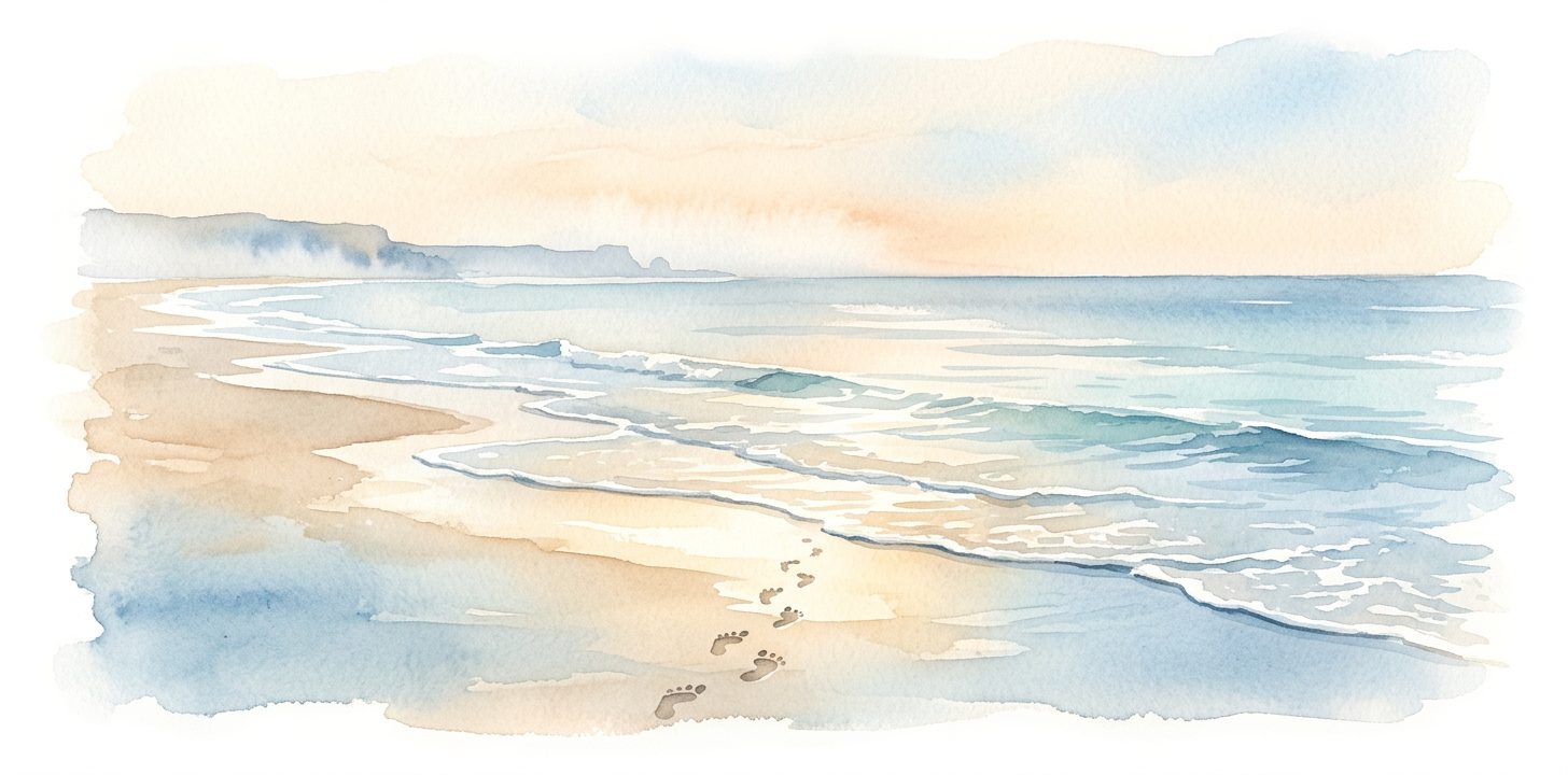 Waves in a dream meeting wet sand at a peaceful shoreline in warm golden light