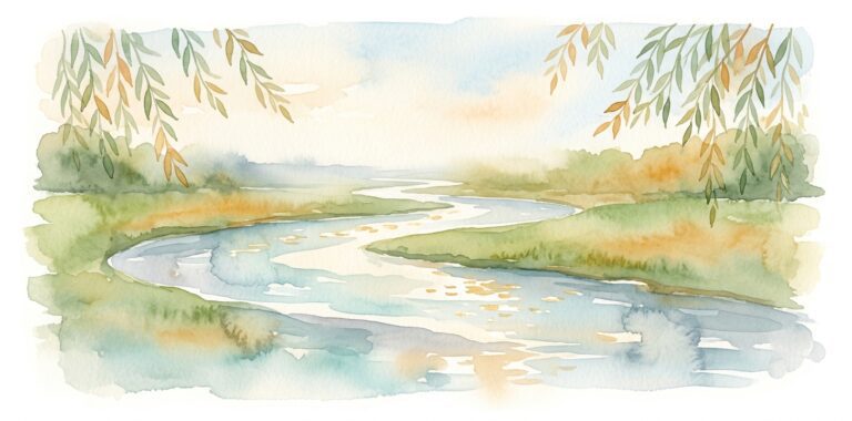 River in a dream winding through soft green banks in a misty landscape