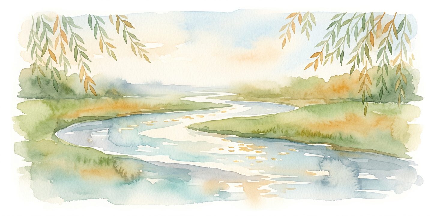 River in a dream winding through soft green banks in a misty landscape