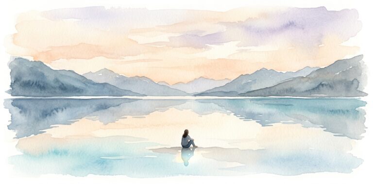 Mountain lake in a dream at dawn, mirror-still and reflecting the sky