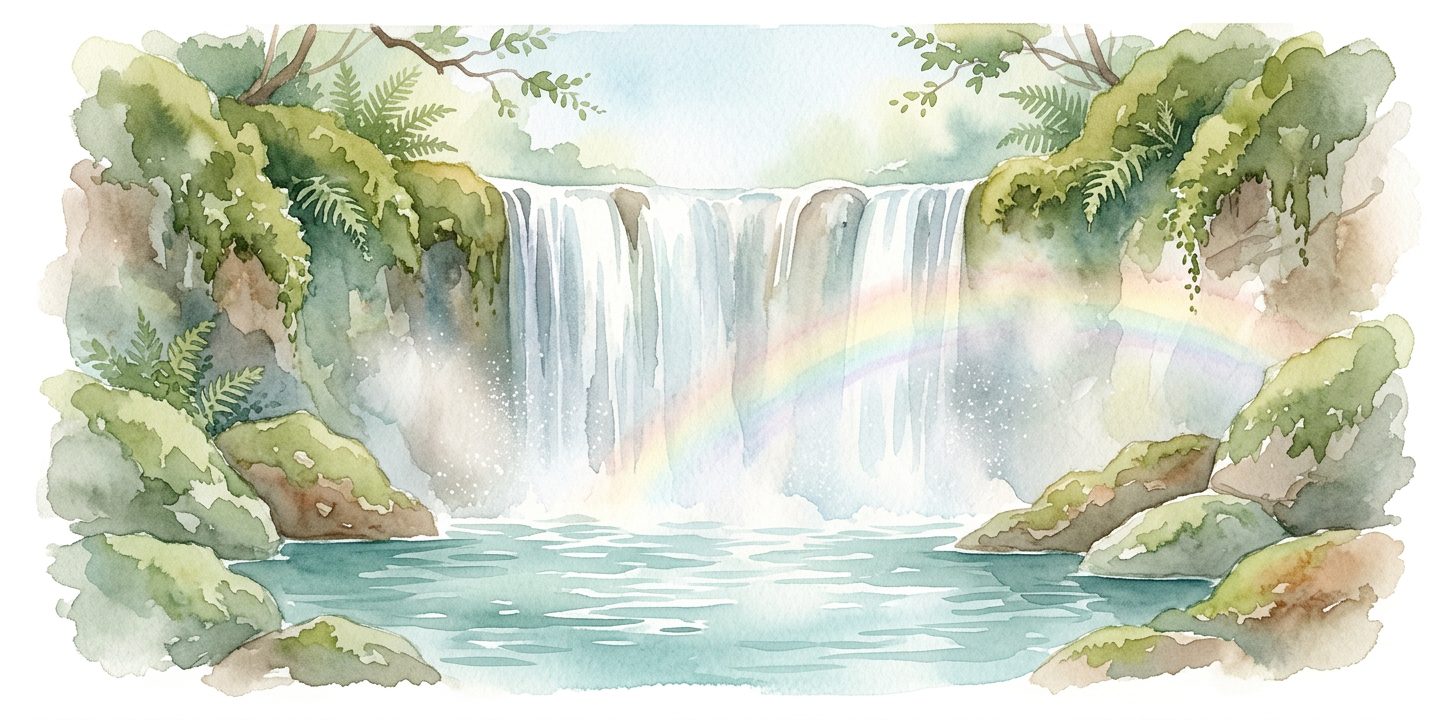 Waterfall in a dream cascading down mossy rocks into a pool of teal water