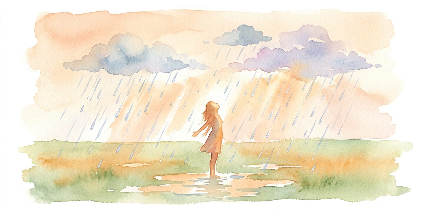 Figure in a dream standing in a field with face tilted up toward warm summer rain