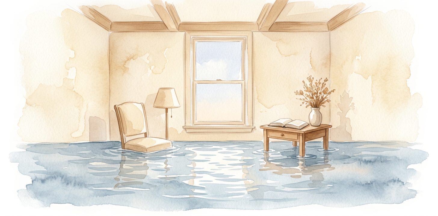 Room in a dream with water gently rising around furniture and personal objects