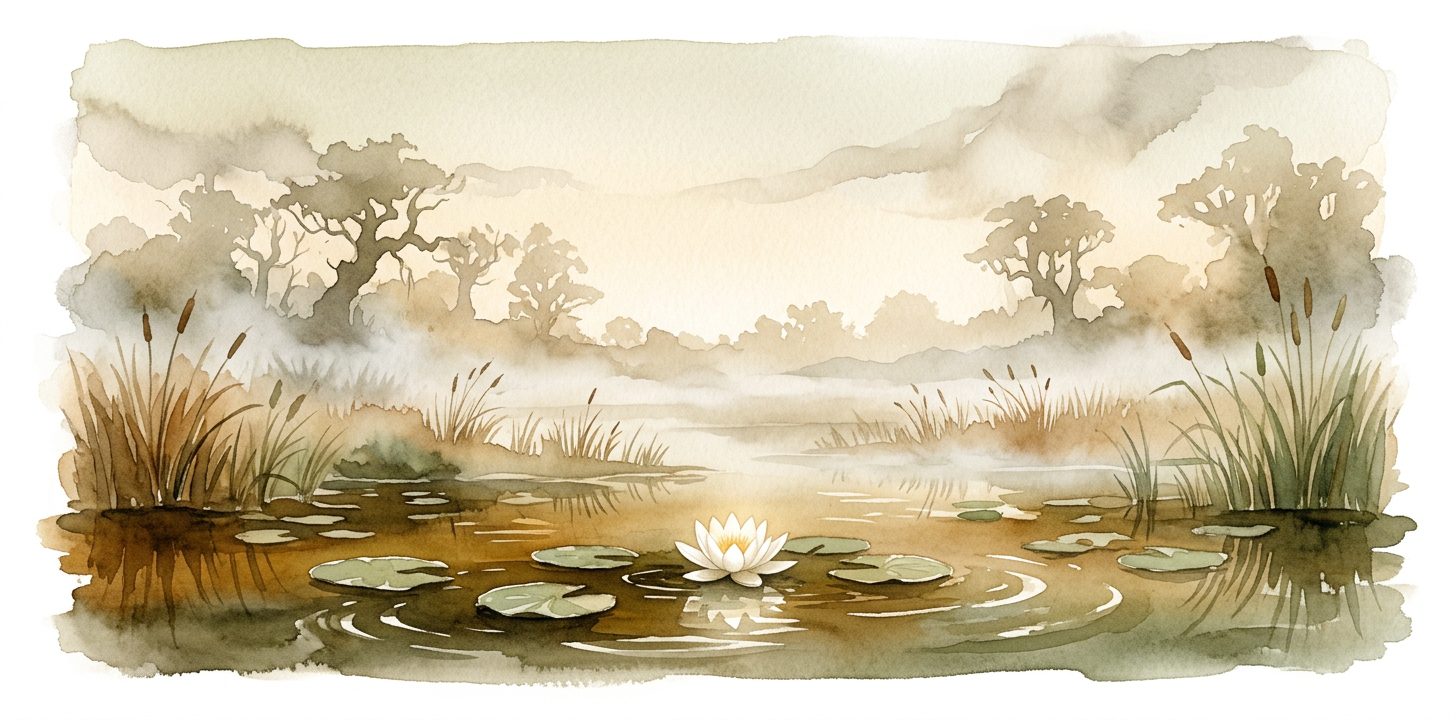 Mysterious and strangely peaceful swamp in a dream with still dark water