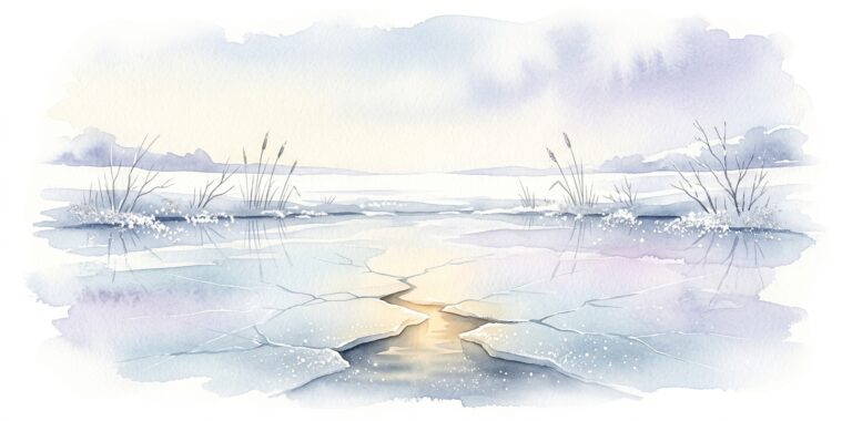 Frozen lake in a dream with cracks in the ice and hidden warmth glowing beneath