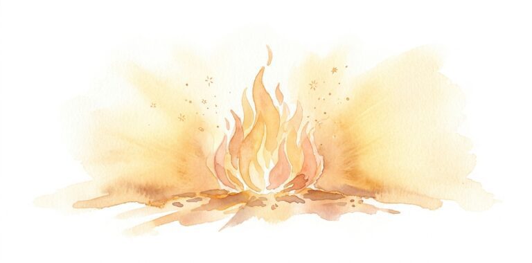 Bonfire in a dream with golden and amber flames dancing warmly in the night