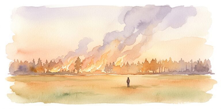 Wildfire in a dream glowing across a wide landscape under a smoky sky
