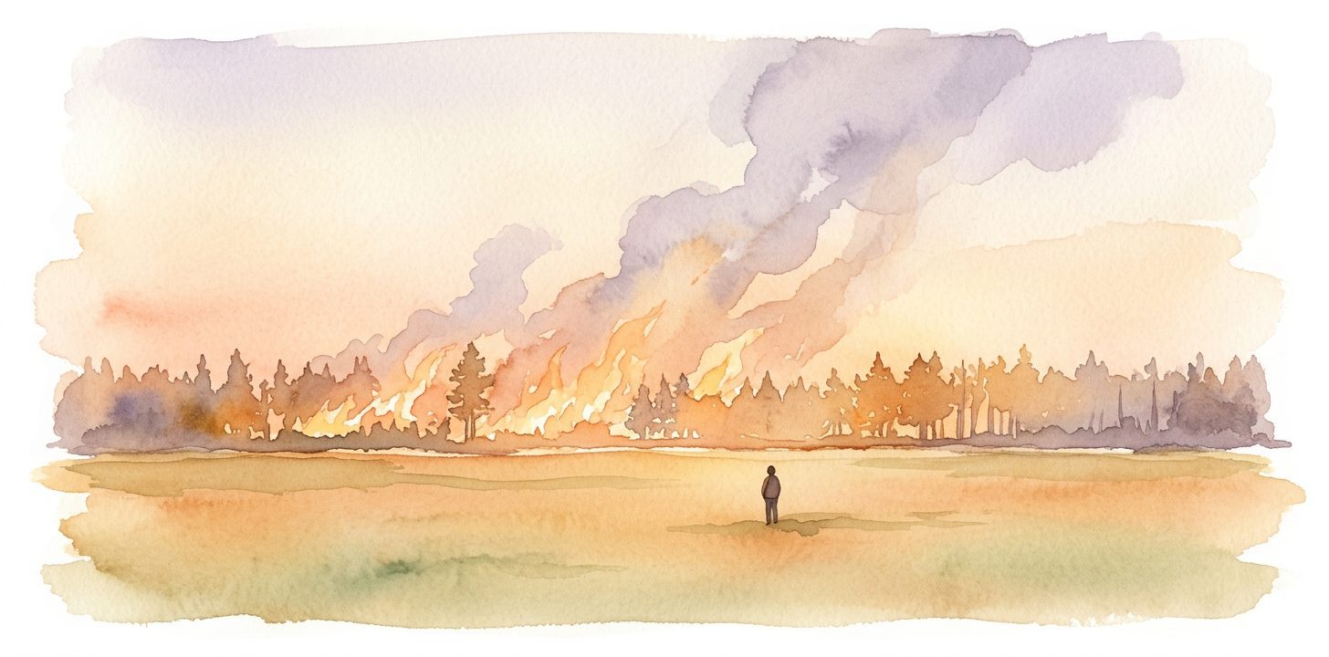 Wildfire in a dream glowing across a wide landscape under a smoky sky