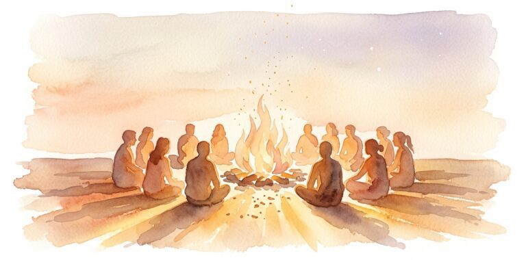 Bonfire in a dream at twilight with silhouettes of people sitting in a warm circle