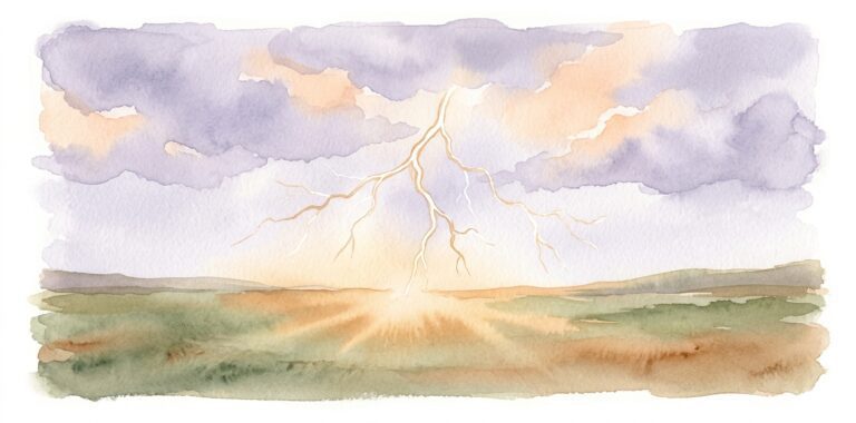 Lightning bolt in a dream striking from storm clouds into a wide landscape