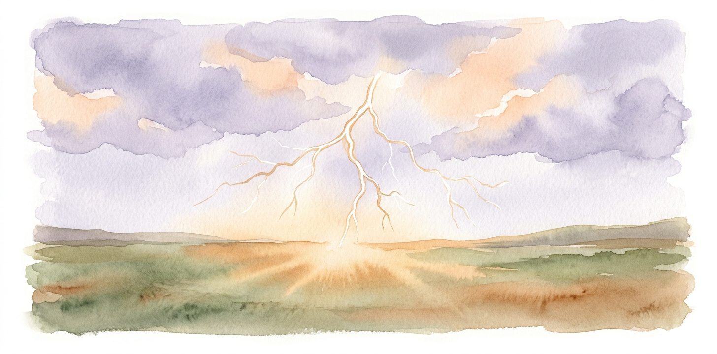 Lightning bolt in a dream striking from storm clouds into a wide landscape