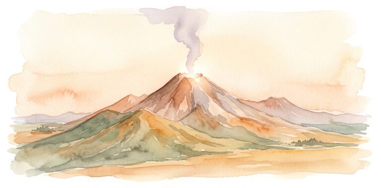 Volcanic mountain in a dream with smoke rising from its crater into the sky