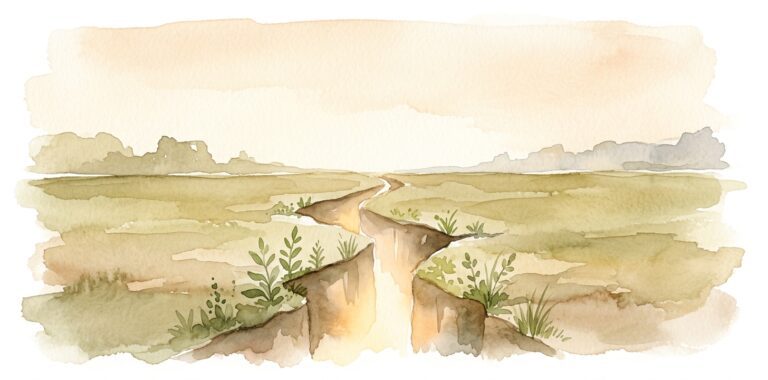 Cracked earth in a dream with warm light glowing upward through the fracture