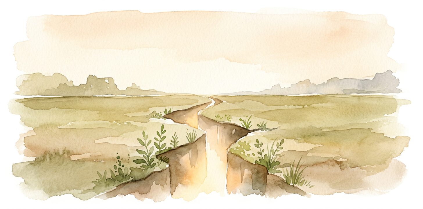 Cracked earth in a dream with warm light glowing upward through the fracture