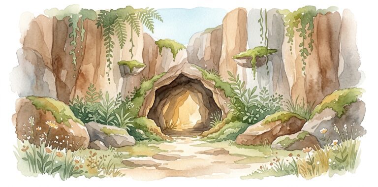 Cave entrance in a dream in warm rock with golden light glowing from within