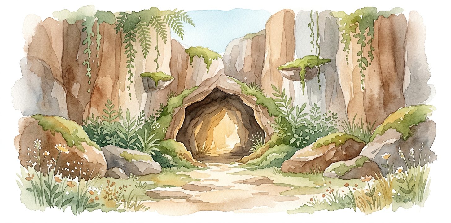 Cave entrance in a dream in warm rock with golden light glowing from within