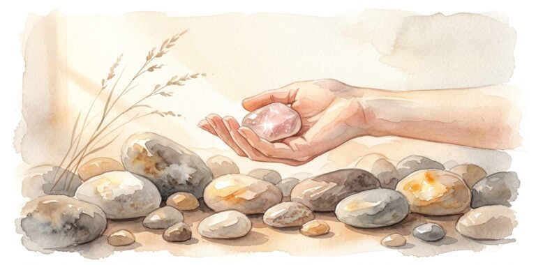 Stones in a dream arranged on a warm surface with a gentle hand cradling one