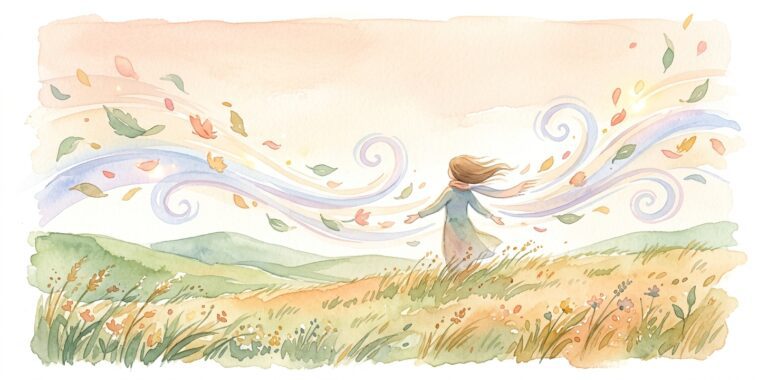 Wind in a dream carrying leaves and petals across a landscape past a lone figure