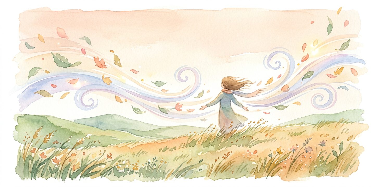 Wind in a dream carrying leaves and petals across a landscape past a lone figure