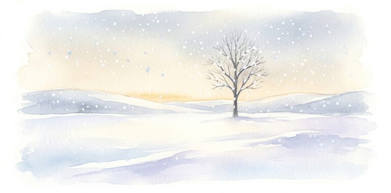 Snow in a dream falling gently over a quiet winter landscape with a bare tree