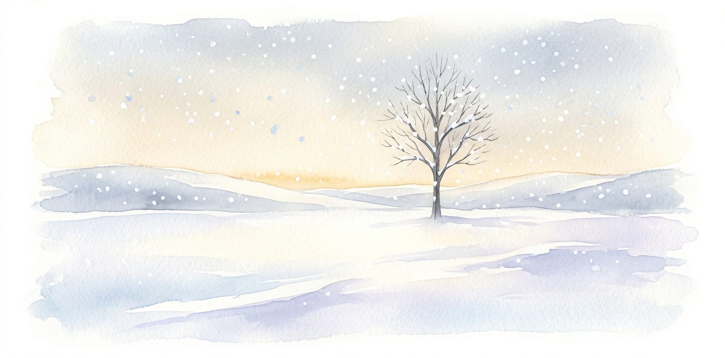 Snow in a dream falling gently over a quiet winter landscape with a bare tree