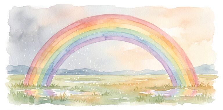 Rainbow in a dream arcing broadly across the sky after rain over green hills