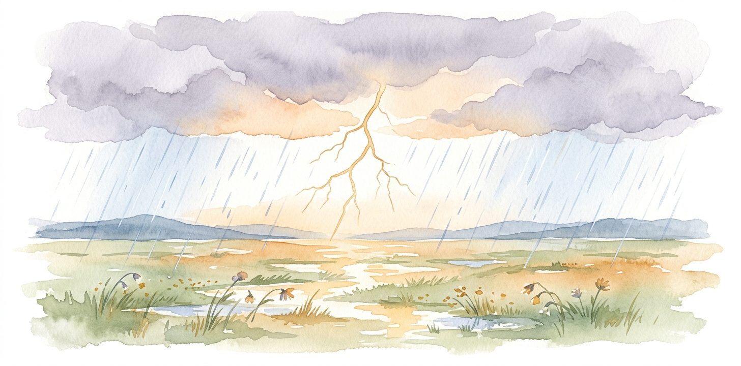 Thunderstorm in a dream over a wide landscape with dark clouds and flashes