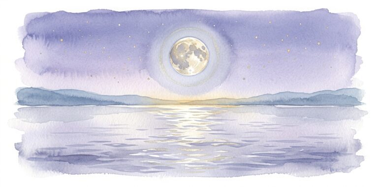 Full moon in a dream over calm water mirroring silver-gold light at night