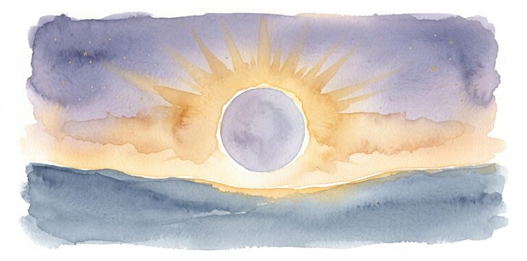 Eclipse in a dream with a luminous golden corona radiating from a dark disc