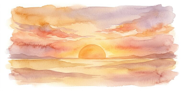 Sunset in a dream with a golden-orange sun radiating color across sky and water