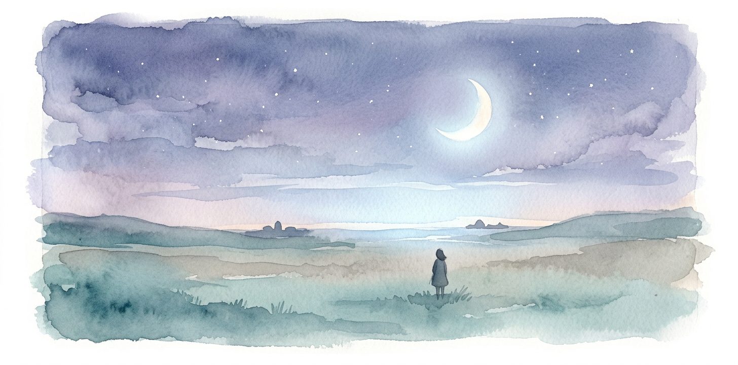 Nightscape in a dream with a crescent moon and a contemplative figure in the dark
