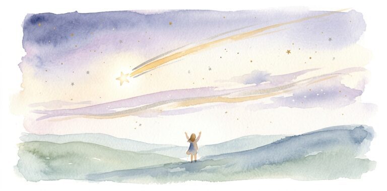 Shooting star in a dream streaking across a pastel sky with a warm gold trail