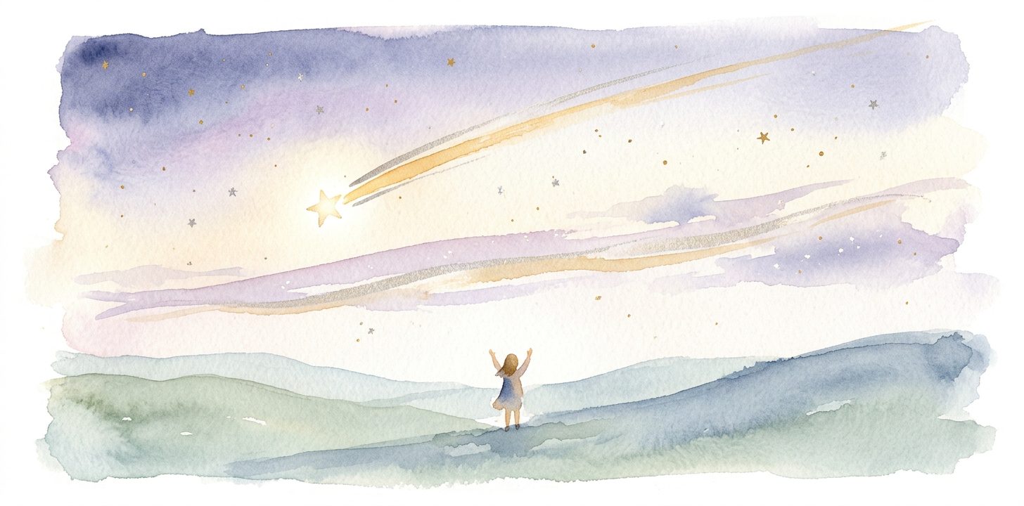 Shooting star in a dream streaking across a pastel sky with a warm gold trail