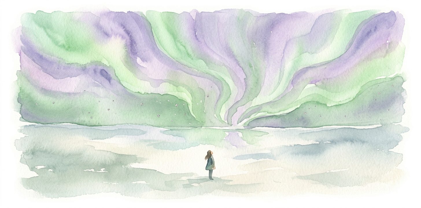 Northern lights in a dream sweeping across a wide sky over a snowy landscape