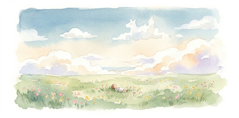 Clouds in a dream drifting softly over a green meadow with a figure in the grass