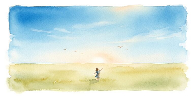 Vast sky in a dream stretching endlessly over an open field with a tiny figure below