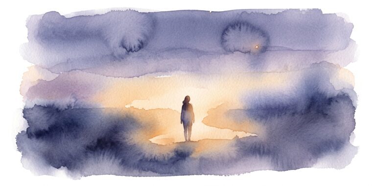 Figure in a dream standing in warm light surrounded by deep indigo darkness