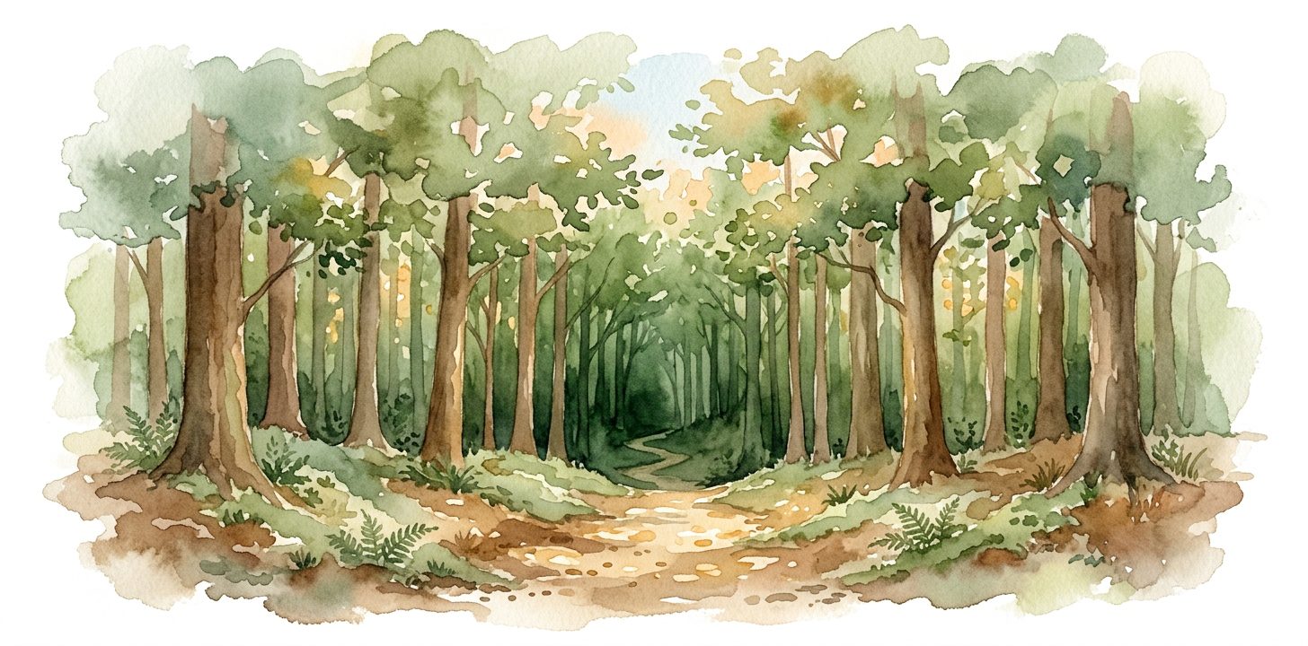 Forest entrance in a dream with dappled light filtering through trees and a narrow path