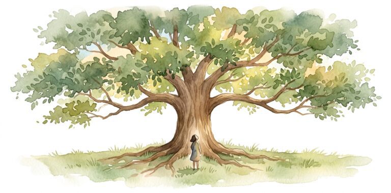 Ancient tree in a dream with a wide crown, powerful trunk and visible roots