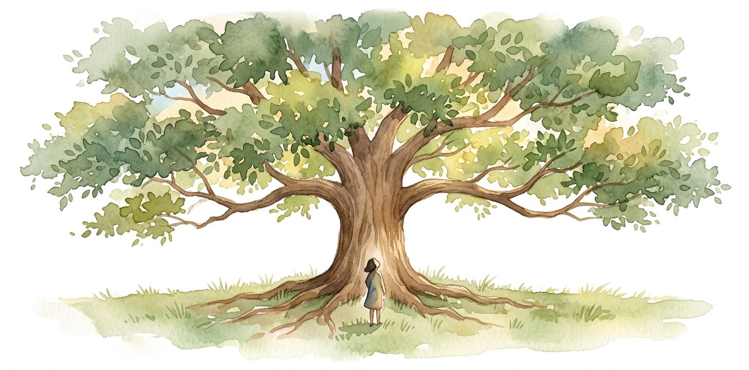 Ancient tree in a dream with a wide crown, powerful trunk and visible roots