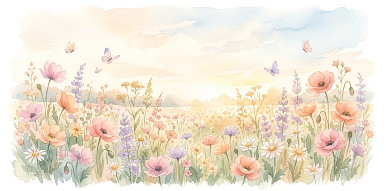 Wildflowers in a dream blooming in soft pastel colors under a warm summer sky