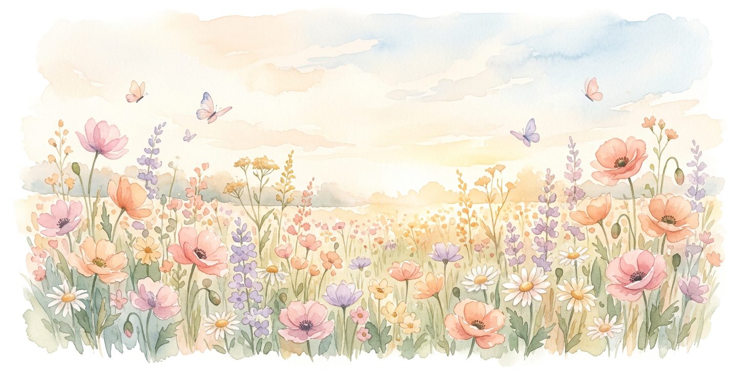Wildflowers in a dream blooming in soft pastel colors under a warm summer sky