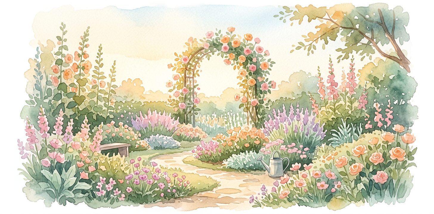 Garden in a dream with a winding path, lush flowers and a climbing-rose archway