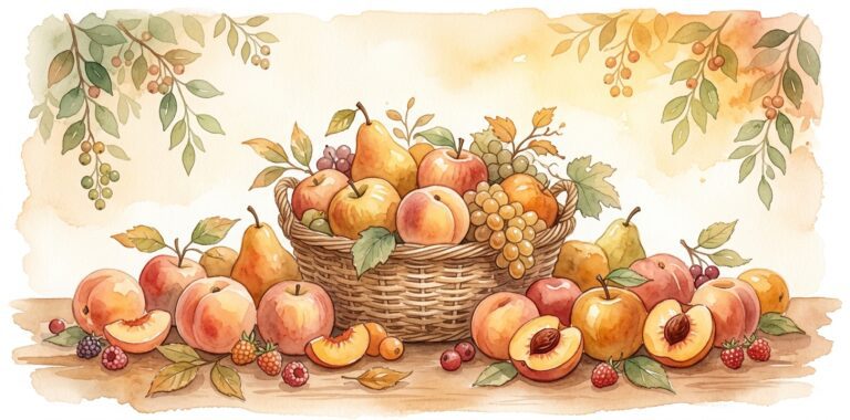 Ripe fruits in a dream spilling from a woven basket onto a warm wooden surface