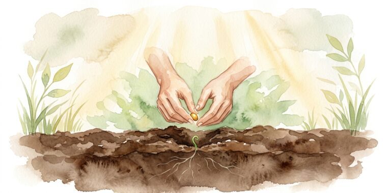 Hands in a dream placing a seed into rich soil with tender roots beginning to grow