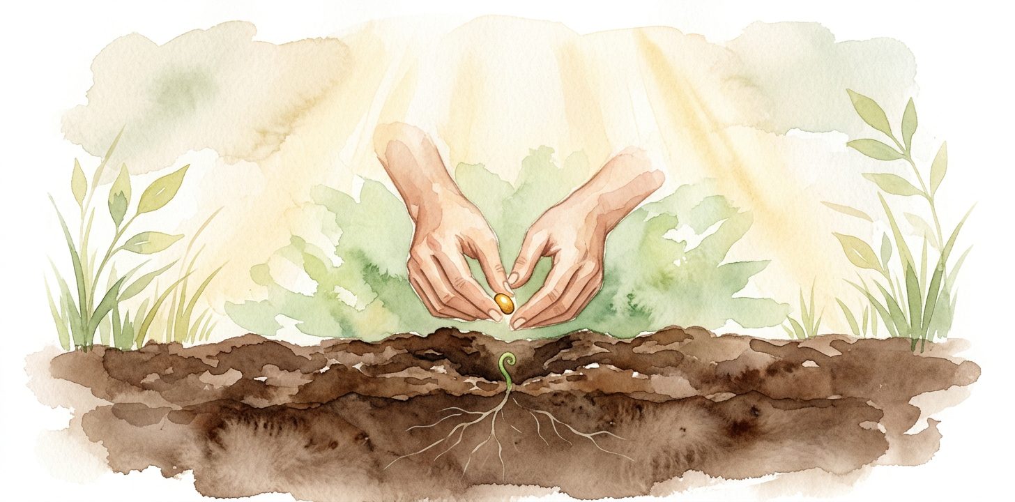 Hands in a dream placing a seed into rich soil with tender roots beginning to grow