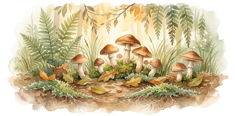 Mushrooms in a dream growing among moss and fallen leaves on a dark forest floor