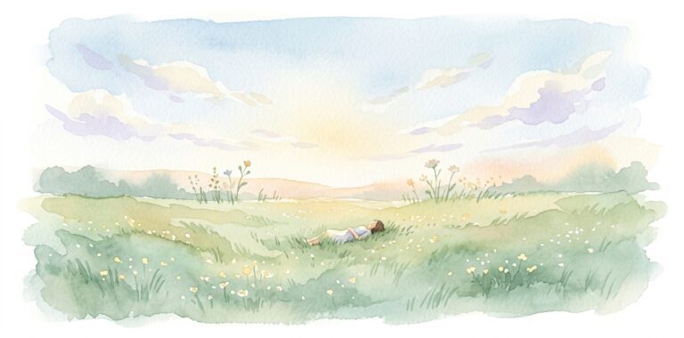 Sunlit meadow in a dream with tall grass swaying and a figure resting peacefully